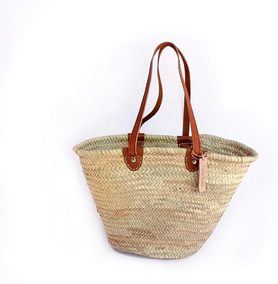Moroccan Straw Bag Long Flat leather handle French Baskets | Amazon (CA)