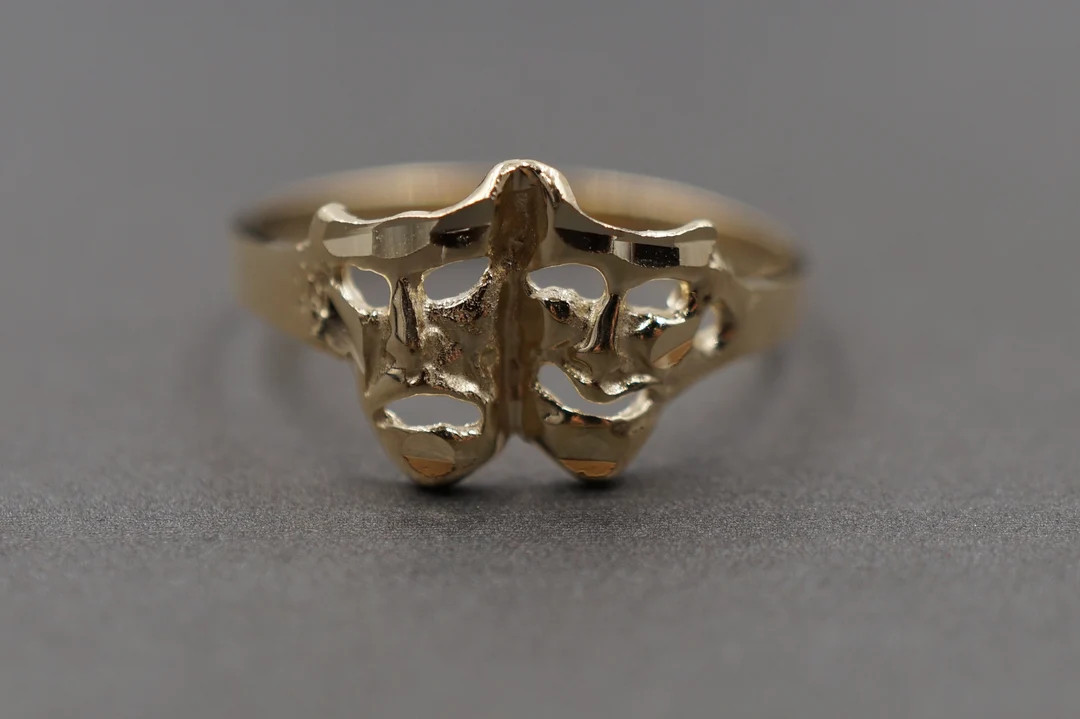 10K Solid Yellow Gold Diamond Cut 0.4 Smile Now Cry Later Happy Sad Two Face Mask Band Ring. - Et... | Etsy (US)