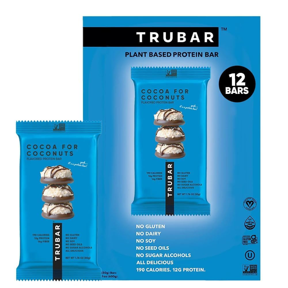 Amazon.com : TRUBAR Vegan Protein Bar, Cocoa For Coconuts, Gluten Free, Plant Based Protein, Dairy Free, Non GMO, Soy Free, No Sugar Alcohols, 12G Protein, 12G Fiber, 23G Carb, On the Go Snack Bars, 12 ct : | Amazon (US)