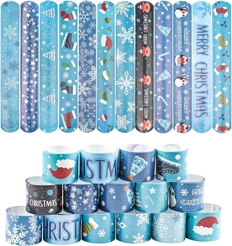 KIMOBER 48PCS Christmas Slap Bracelets,Assorted Snap Wristbands with Xmas Elements for Kids Party... | Amazon (US)