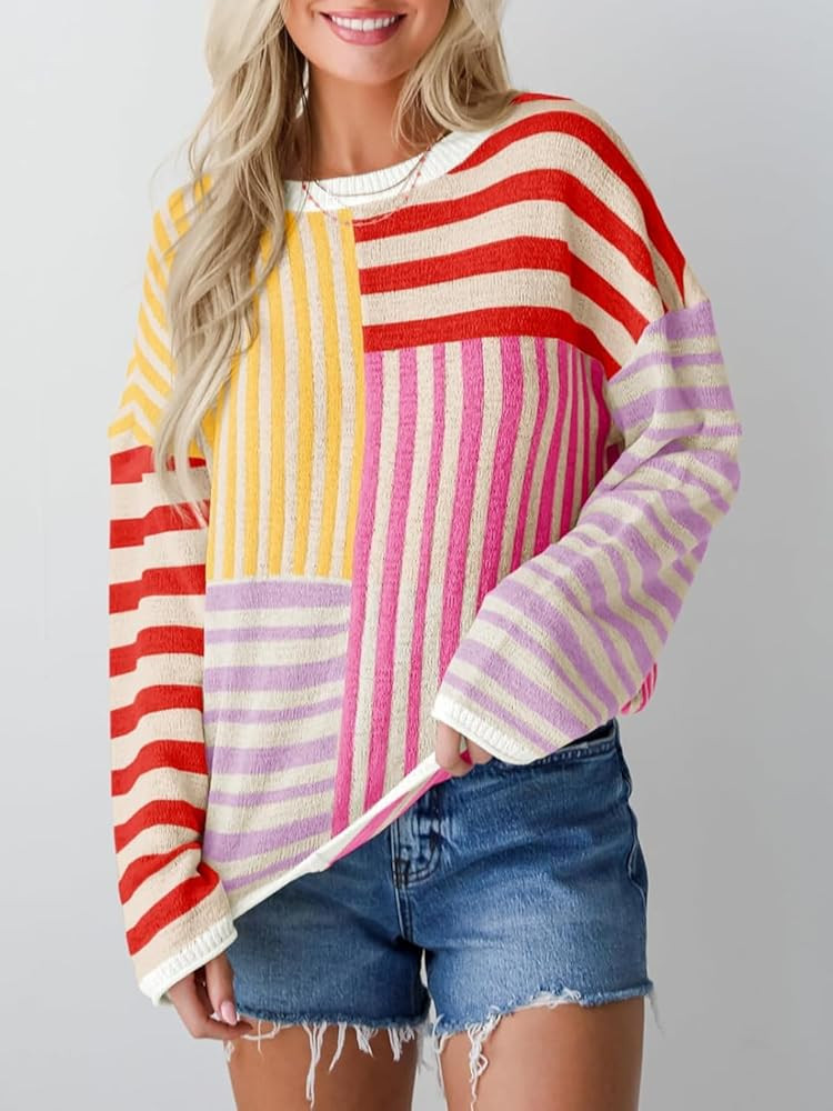 Womens Sweaters Crewneck Oversized Long Sleeve Striped Color Block Loose Knit Colorful Pullover T... | Amazon (US)