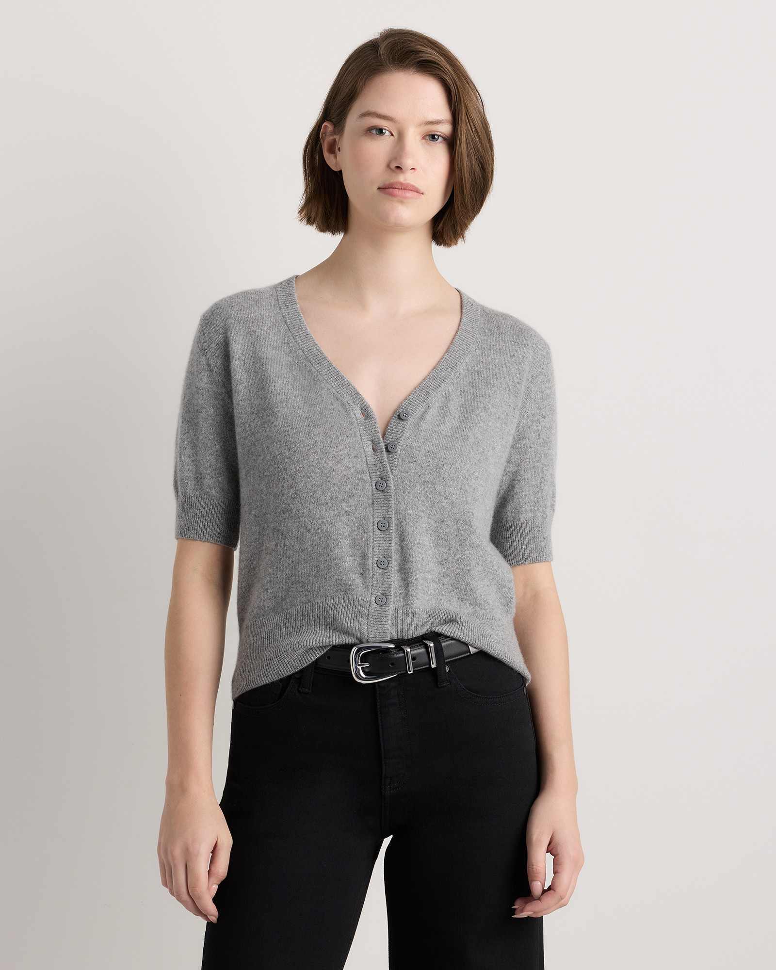 Quince | Women's Mongolian Cashmere Short Sleeve Cardigan Sweater in Heather Grey, Size Large | Quince