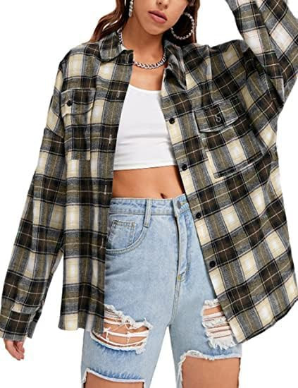 Womens Long Sleeve Plaid Shirts Flannel Collared Button Down Shackets Casual Rolled Up Boyfriend ... | Amazon (US)