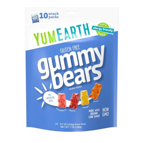 YumEarth Organic Fruit Flavored Gummy Bears, 10- .7oz. Snack Packs, Allergy Friendly, Gluten Free, Non-GMO, No Artificial Flavors or Dyes | Amazon (US)