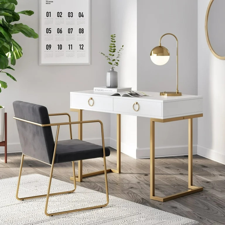 Nathan James Leighton Two-Drawer Modern Desk White and Gold Finish - Walmart.com | Walmart (US)