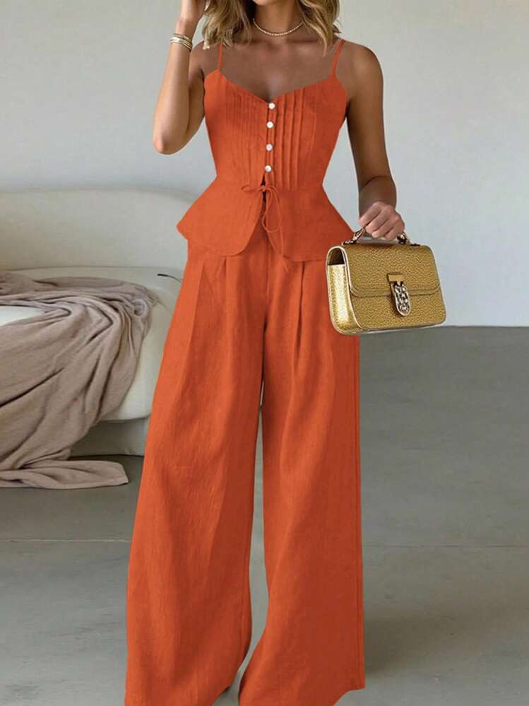 EMERY ROSE 2pcs/Set Linen Casual Slim Camisole & Wide-Leg Pants Suit | SHEIN