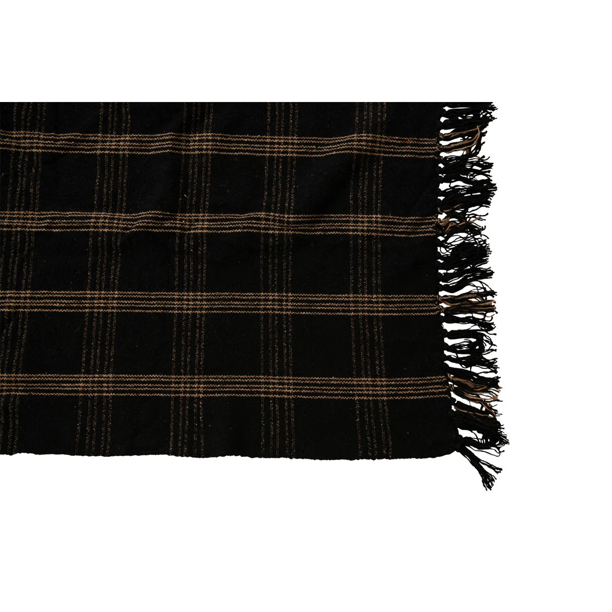 Eunice Soft Woven Reclaimed Cotton Blend Throw with Fringe, Black and Tan Plaid | Wayfair North America