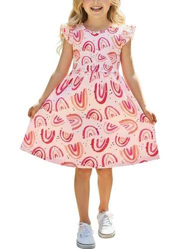 PATPAT Girl's Dresses Ruffle Sleeve Tiered Swing A-Line Cute Midi Casual Sundress Pink Rainbow 2T | Amazon (US)
