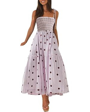 Womens Boho Long Summer Dresses Casual Beach Vacation Sun Dress Spaghetti Strap Flowy Embroidered... | Amazon (US)