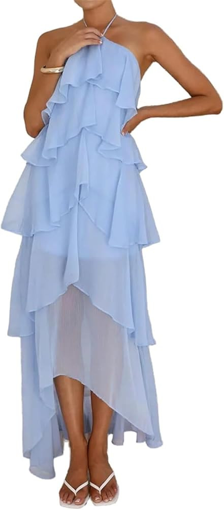Women's Solid Color Chiffon Halter Neck Elegant Ruffle Maxi Dress, Elegant Flowy Layered Party Lo... | Amazon (US)