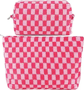 ZLFSRQ 2Pcs Checkered Makeup Bag for Women Large Capacity Pink Cosmetic Bag Set Travel Makeup Pou... | Amazon (US)