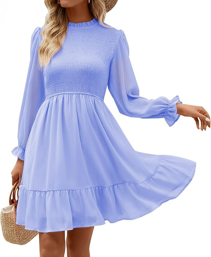 Kenaque Women's Smocked Dresses Long Lantern Sleeve Ruffle A-Line Wedding Guest Mini Dress Zip Ba... | Amazon (US)