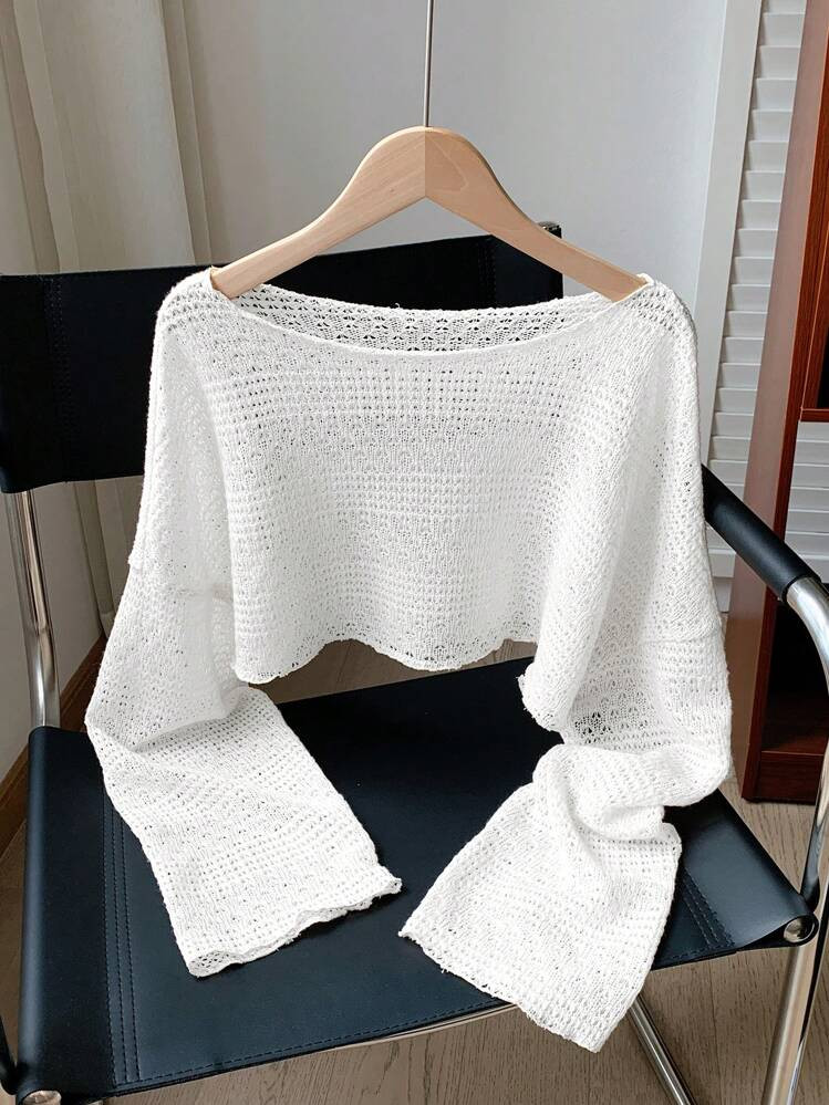 SHEIN EZwear Plus Size Women Solid Color Hollow-Out Knitted Cropped See-Through Top | SHEIN