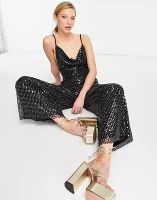 ASOS DESIGN sequin cowl neck cami jumpsuit in black | ASOS (Global)