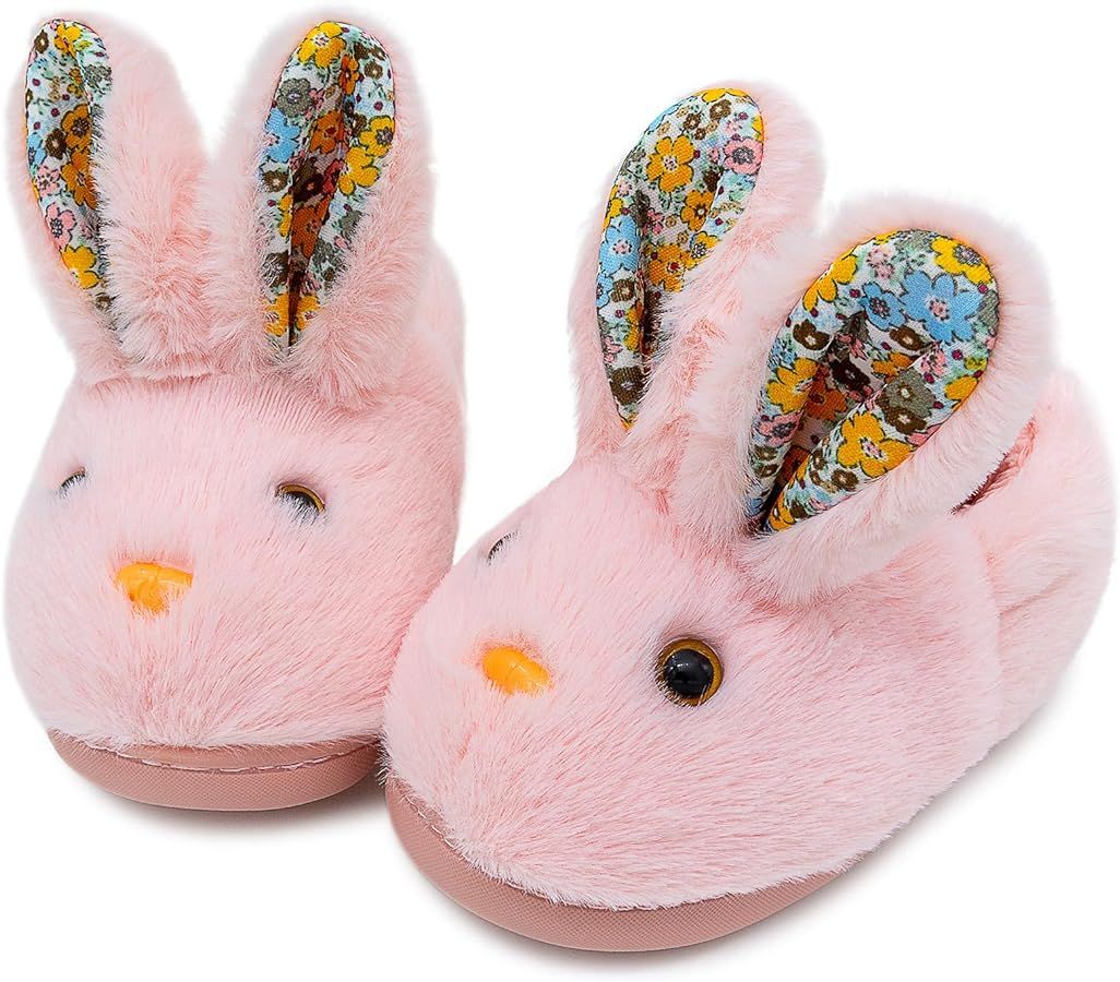 Toddler Boys Girls Fuzzy Fluffy Slippers Cute Animal Winter Warm Shoes with 3D Bunny Design House... | Amazon (US)