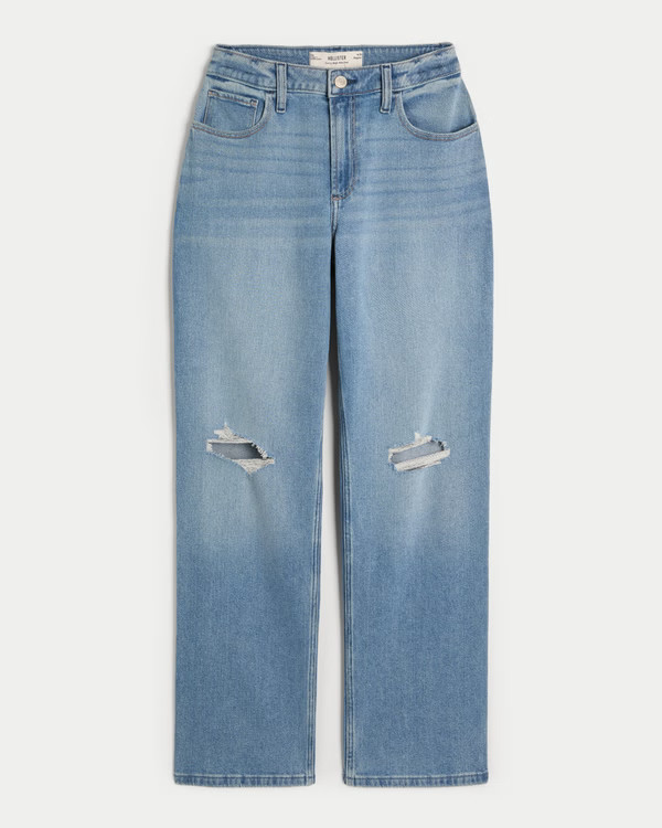 Women's Curvy High-Rise Ripped Medium Wash Dad Jeans | Women's Clearance | HollisterCo.com | Hollister (US)