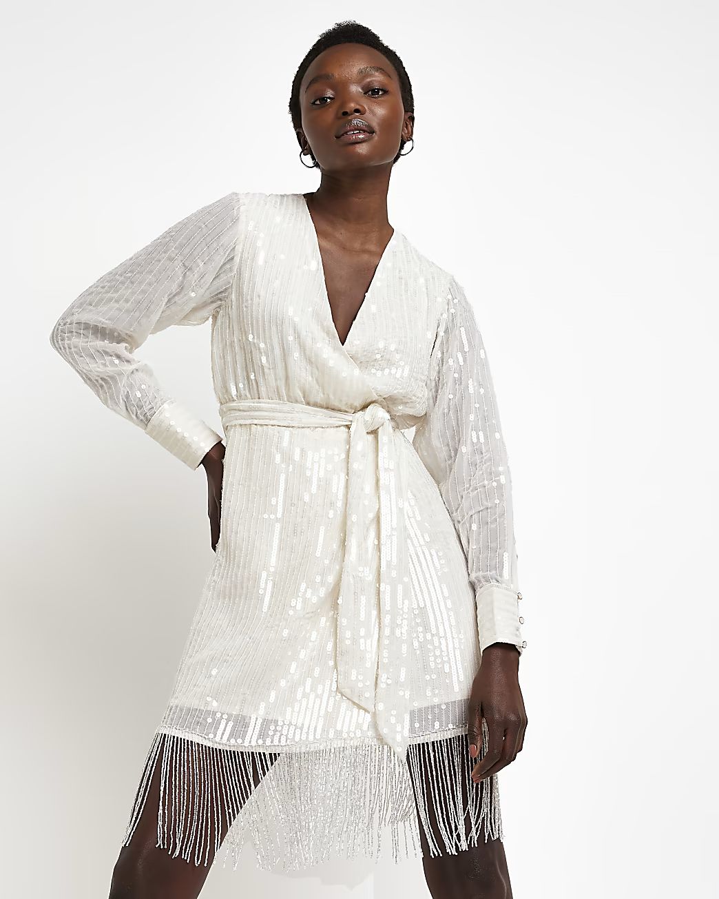 River Island Womens Cream sequin wrap mini dress | River Island (UK & IE)