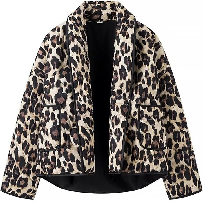 Womens Quilted Jacket Leopard Print Cropped Puffer Jacket Vintage Open Front Short Jacket Coat | Amazon (US)
