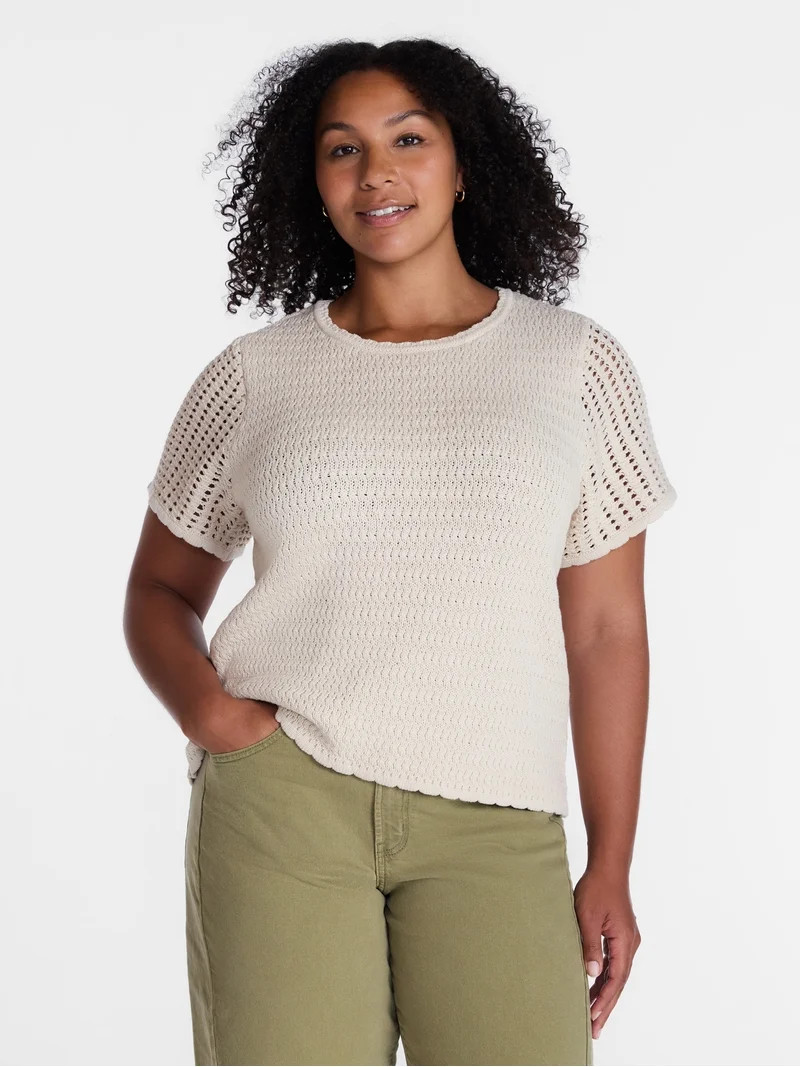 Time and Tru Women's Textured Crewneck Sweater with Short Sleeves, Lightweight, Sizes XS-XXXL | Walmart (US)