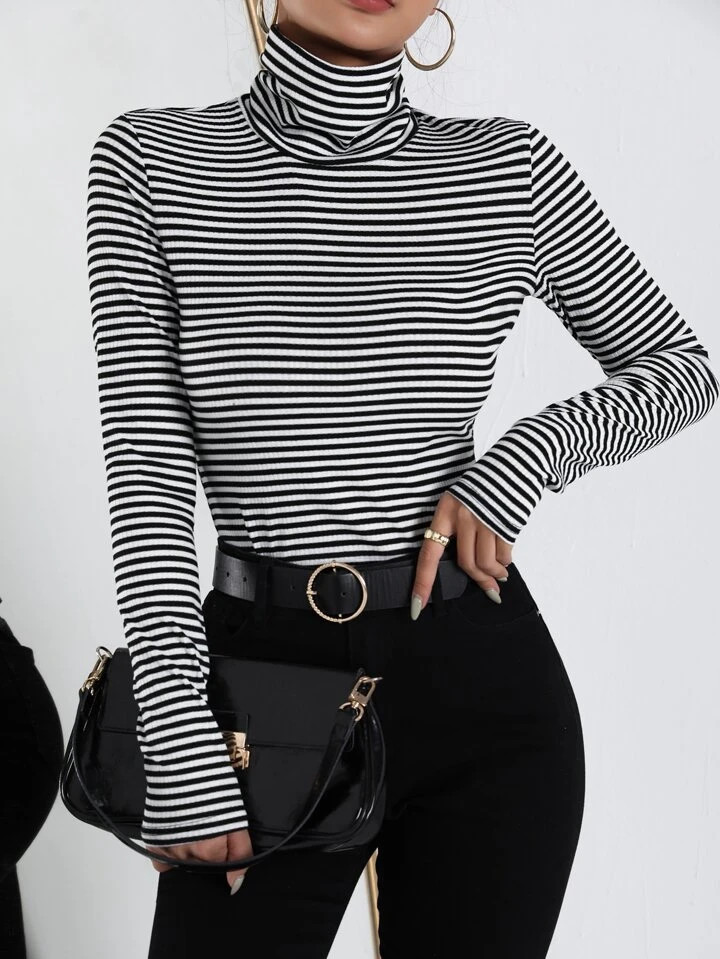 SHEIN Essnce Striped Print High Neck Top | SHEIN