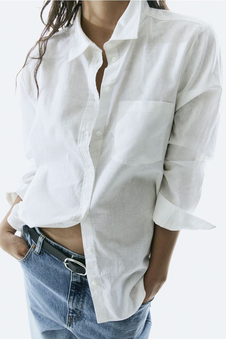 Linen Blend Shirt - White - Ladies | H&M AU | H&M (AU)