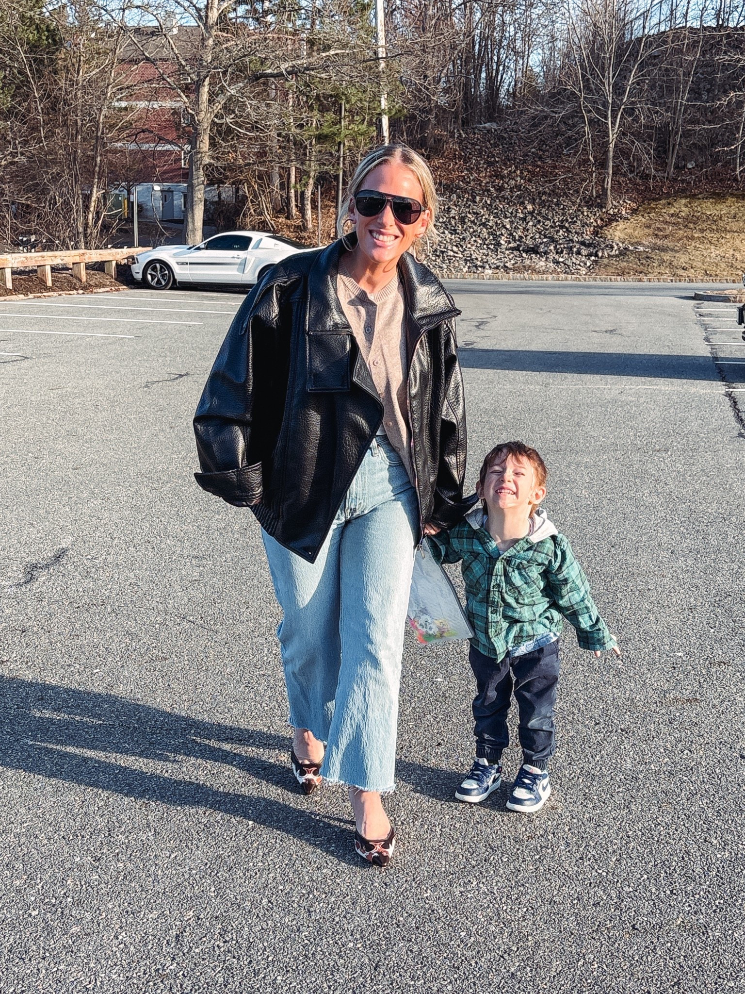 Taupe cardigan 
Cow print mules 
Black aviator sunglasses 
Leather funnel neck viral jacket 
90s high rise jeans (I cut the hem!) 

#LTKmomlife #LTKdayinmylife #LTKootd