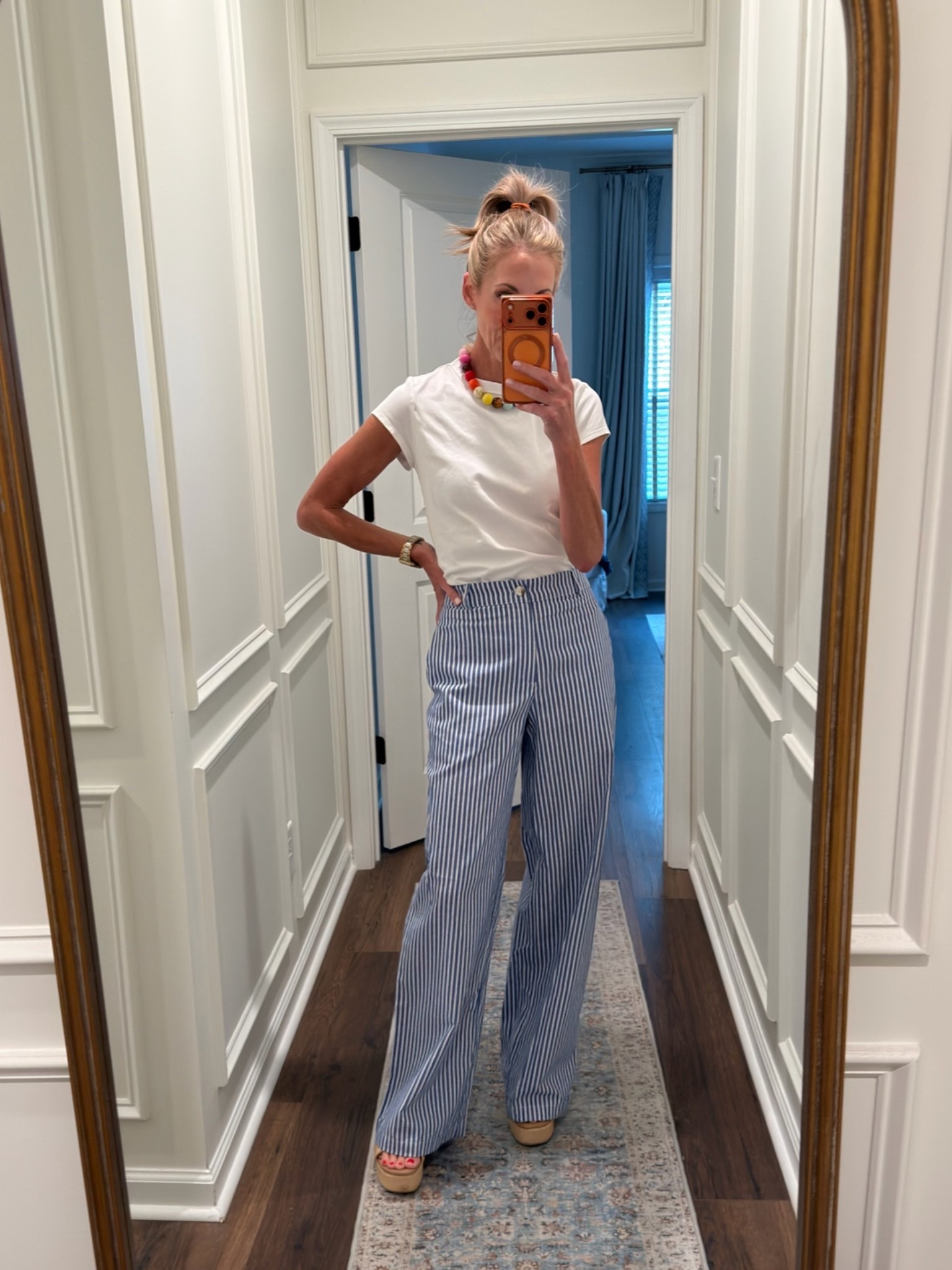 Late to church means ponytail for the wind. I love these sugar pants. They are very lightweight so perfect for School wearing the size XS. Walmart tee