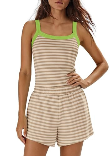 ReachMe Womens Striped Lounge Set Spaghetti Strap Tank High Waist Shorts 2 Piece Sets with Pockets Summer Beach Travel Outfit(Beige Green,M) | Amazon (US)