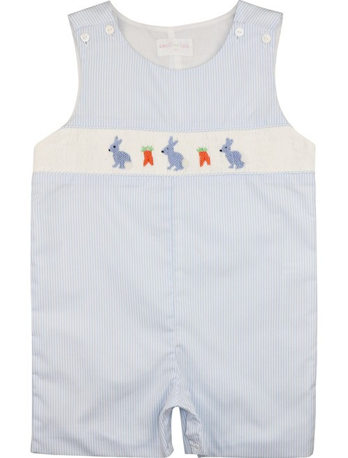 Blue Mini Stripe Smocked Bunny Jon Jon | Cecil and Lou