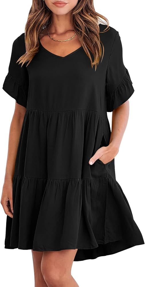 ANRABESS Women’s Summer Casual V Neck Babydoll Dress Ruffle Short Sleeve Tiered A-Line Flowy Mi... | Amazon (US)