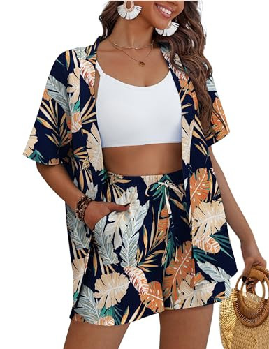 REDHOTYPE Women's 2 Piece Outfits Kimono Style Tropical Print Cover Ups Half Sleeve Blouse Shorts Set Summer Beachwear,Dark Flower 01,M | Amazon (US)