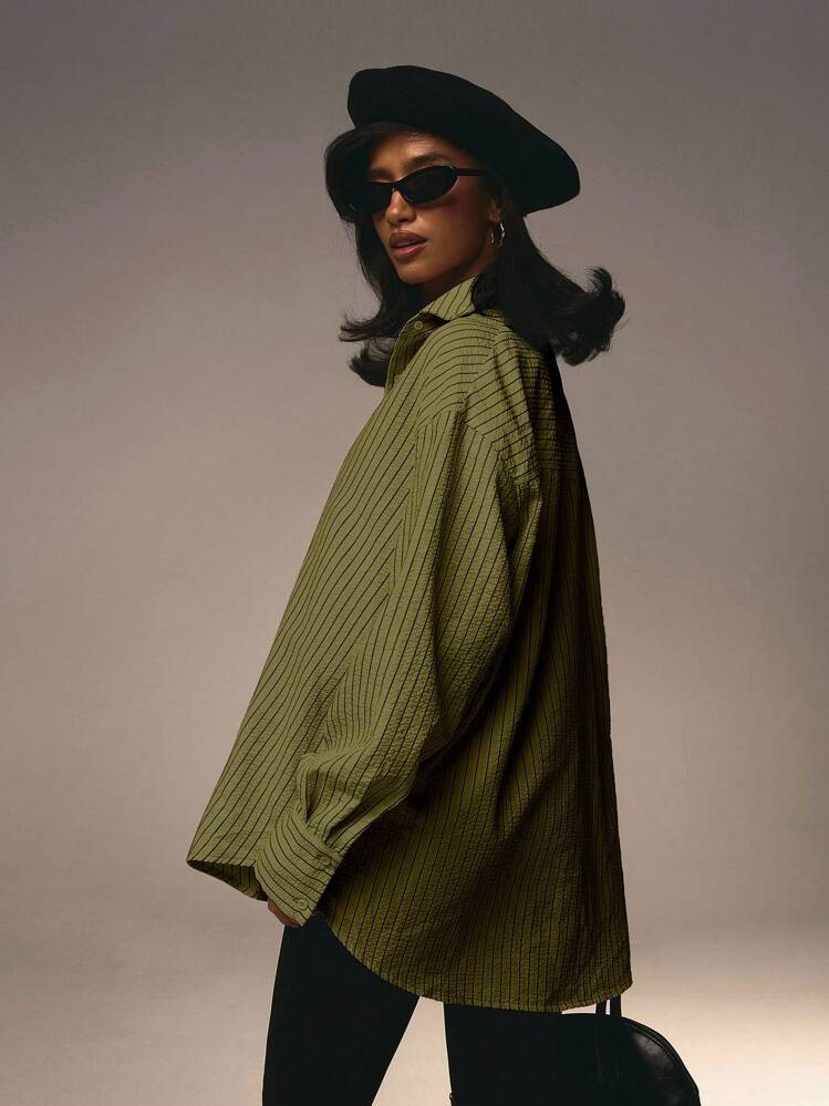 Athîral Women's Front Button Collar Long Sleeve Pink Striped Minimalist Blouse Valentine's Day,F... | SHEIN