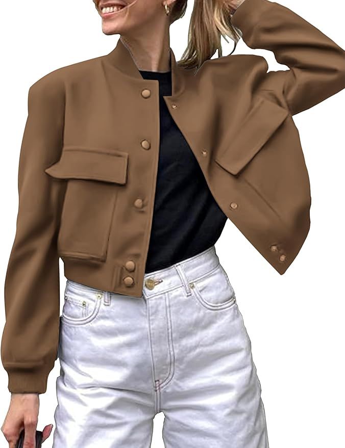 Zeagoo Women Bomber Jacket Casual Button Down Varsity Jackets Shackets With Pockets Outwear | Amazon (US)