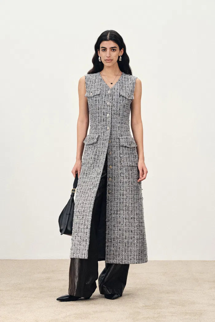 Cherbourg Sleeveless Tweed Midi Dress in French Bouclé with Metallic T | Fabrique