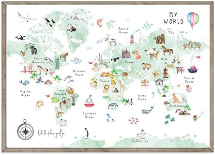 Green Kids World Map Wall Art Animal Map Canvas Wall Art Nursery Wall Decor World Map Poster Chil... | Amazon (US)