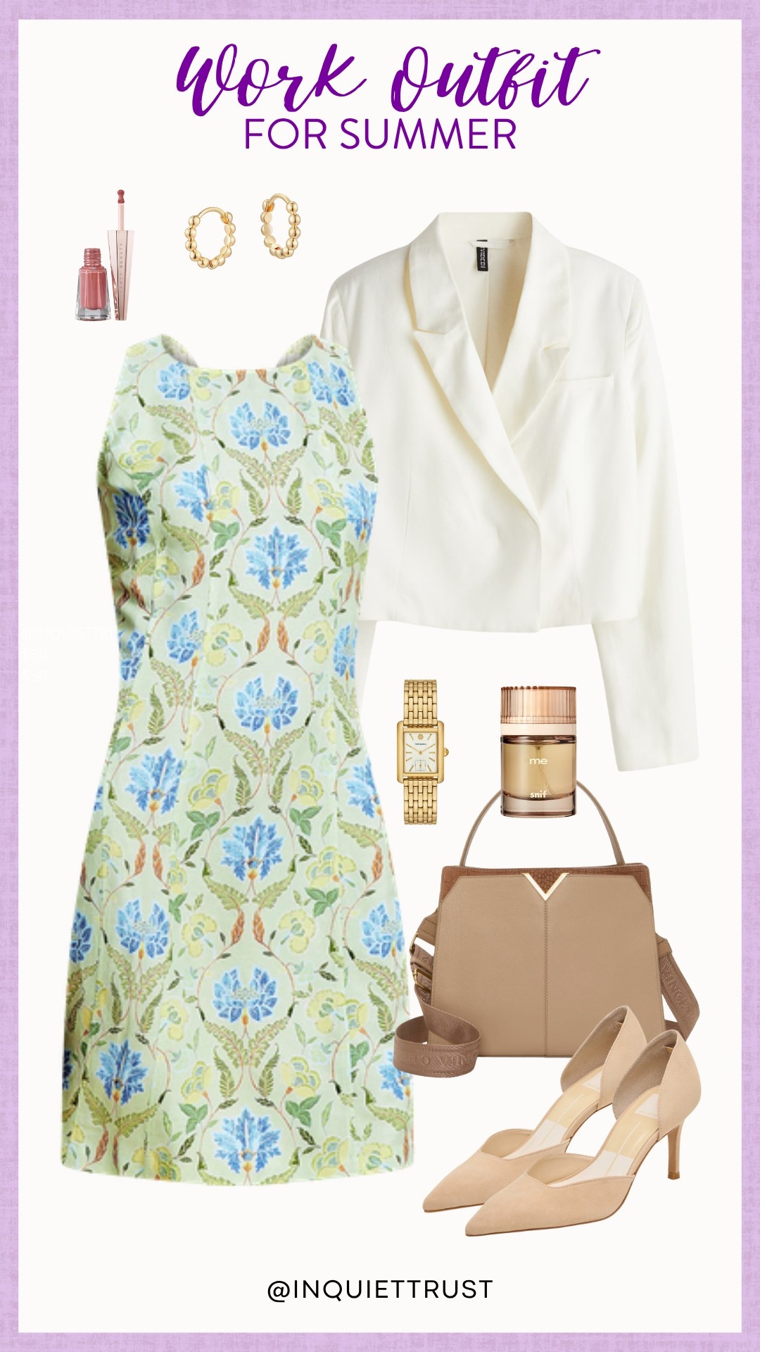 Add a touch of vibrant color and summer prints to your work outfit with this tropical midi sleeve dress, a white crop-top blazer, and some neutral stiletto heels and handbag!
#classylook #semicasual #officeoutfits #daintyaccessories

#LTKU #LTKStyleTip #LTKSeasonal