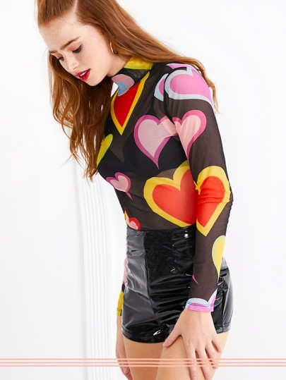 SHEIN Mock Neck Heart Print Mesh Top Without Bra | SHEIN