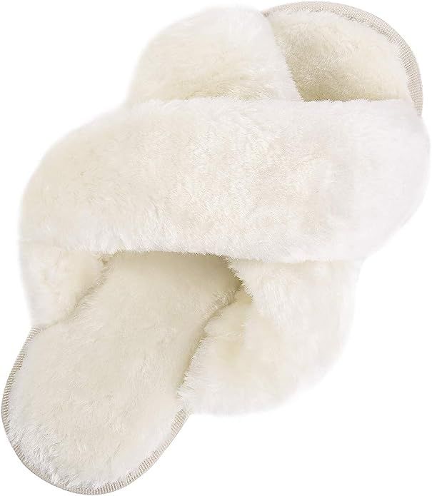 Bhupen Slippers for Women,Cross Band Soft Plush Fleece Slip On House Open Toe Slippers Indoor Out... | Amazon (US)