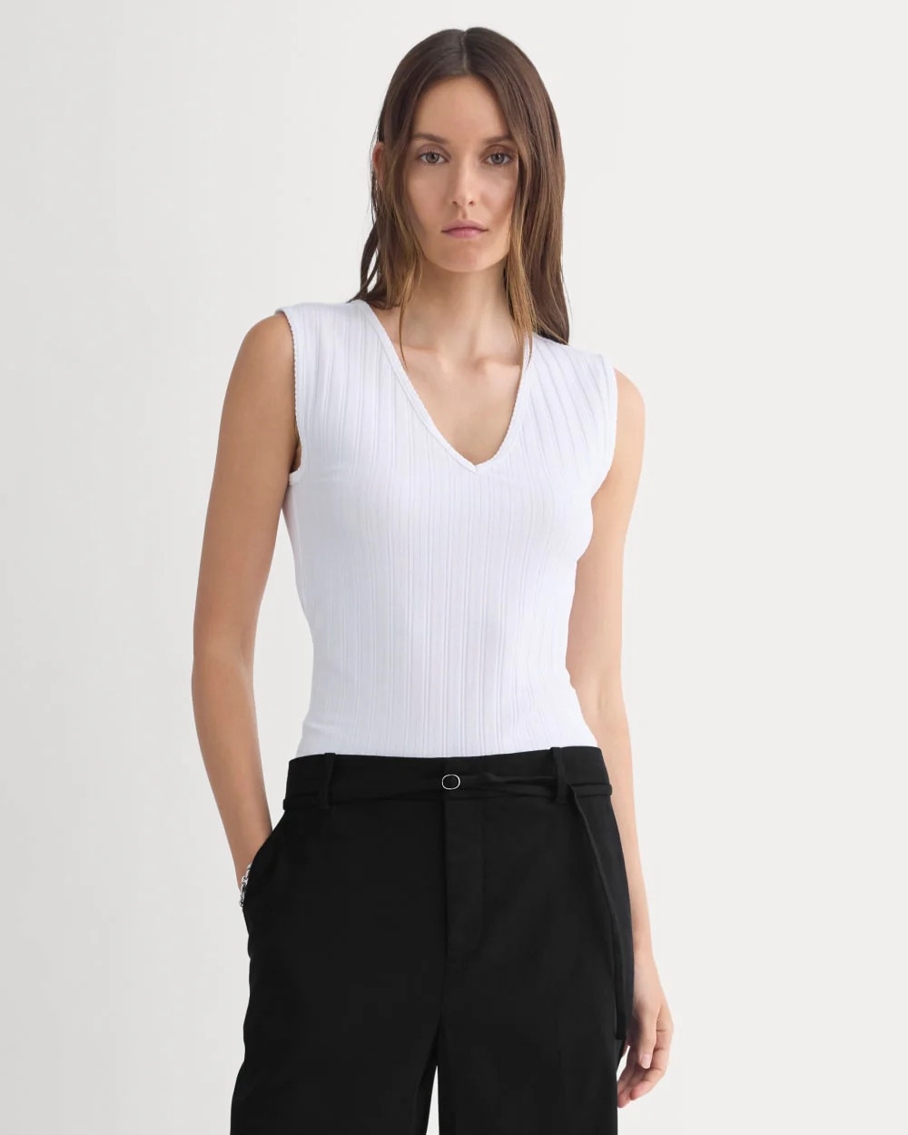 Everlane V-Neck Tank Top in Pointelle In White, Size XXS, Cotton | Everlane