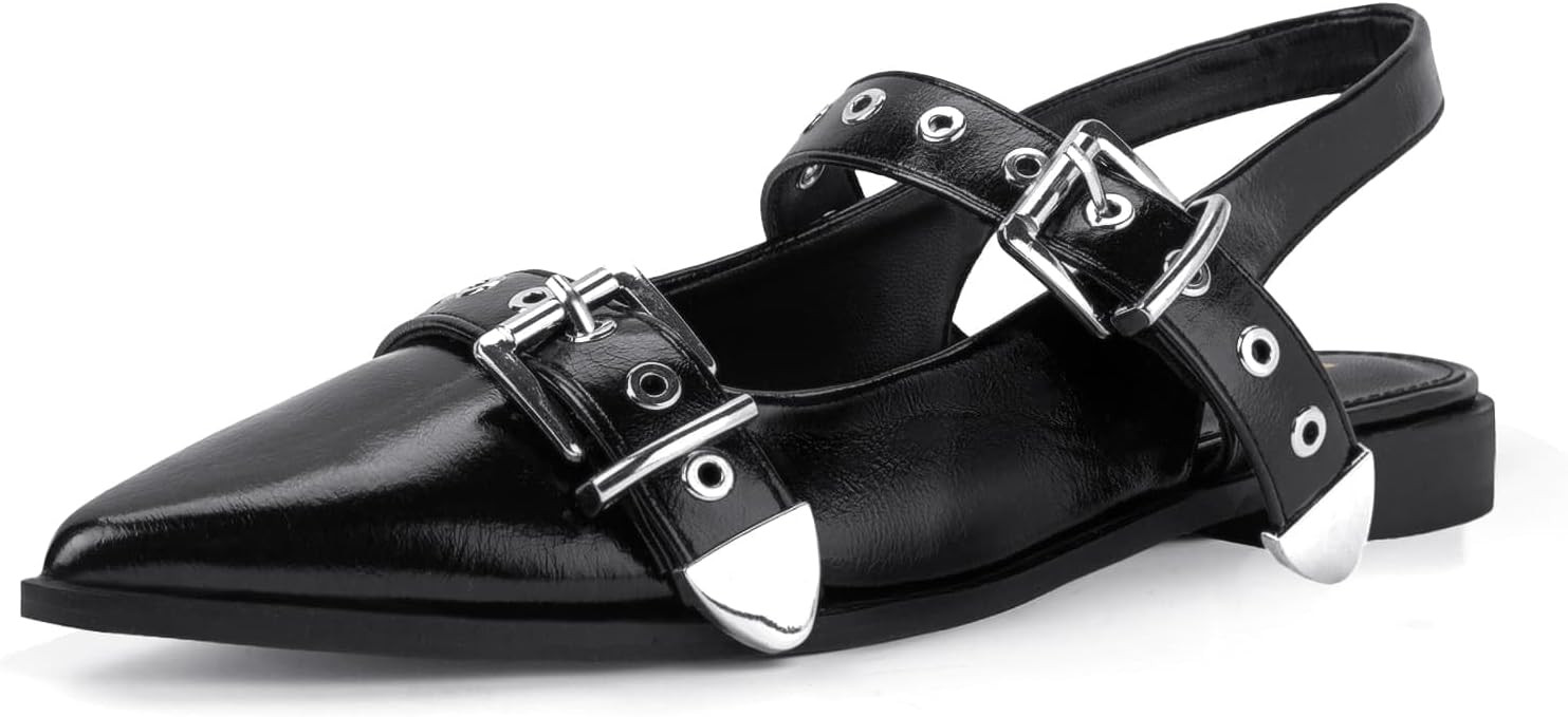 Women's Buckle Ballet Flats Pointed Closed Toe Slingback Shoes with Low Heel Comfortable Ballerin... | Amazon (US)