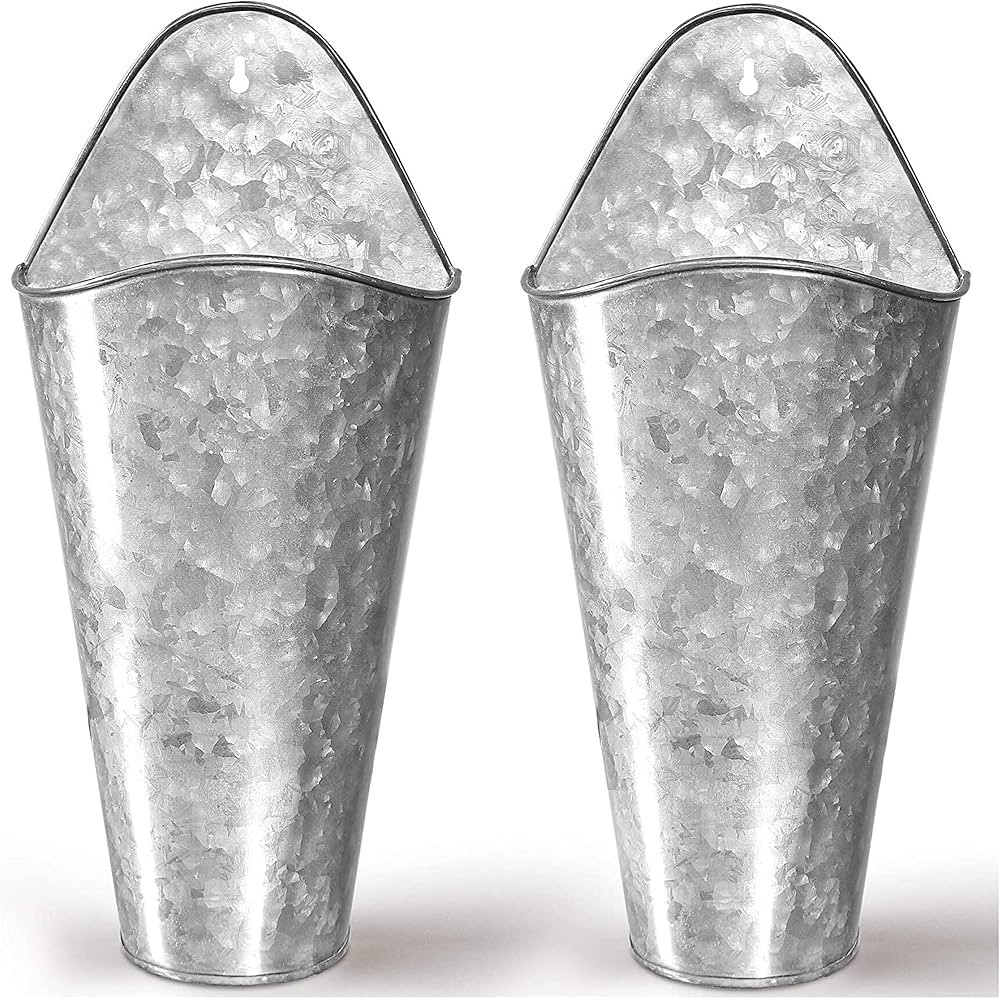 Hallops Galvanized Wall Planters - Two (2) Large Premium. Farmhouse Metal Hanging Vase. Rustic De... | Amazon (US)