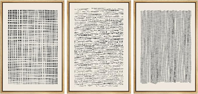 SIGNWIN Framed Canvas Print Wall Art Set Geometric Dark Black Grid Wave Pattern Abstract Shapes D... | Amazon (US)