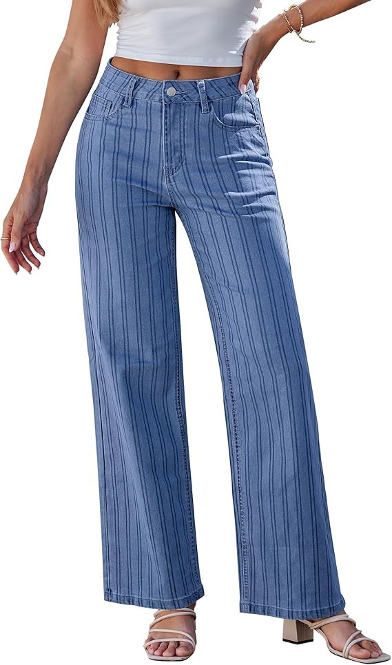 GRAPENT Striped Jeans for Women Trendy High Waisted Wide Leg Dressy Casual Slight Stretch Denim P... | Amazon (US)