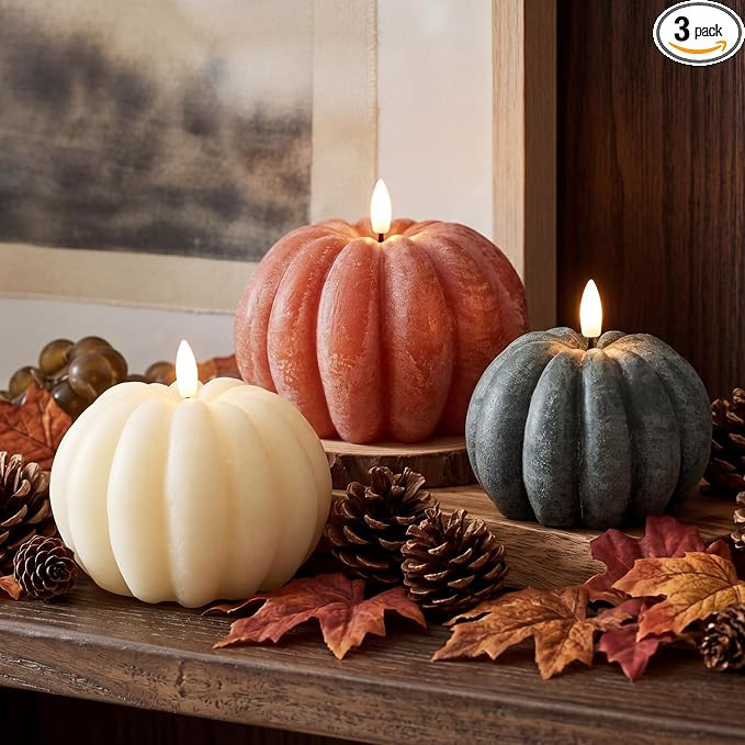 3 PCS Fall Pumpkin Flameless Candles | Battery Operated Flickering Flameless Wax Pumpkin LED Cand... | Amazon (US)