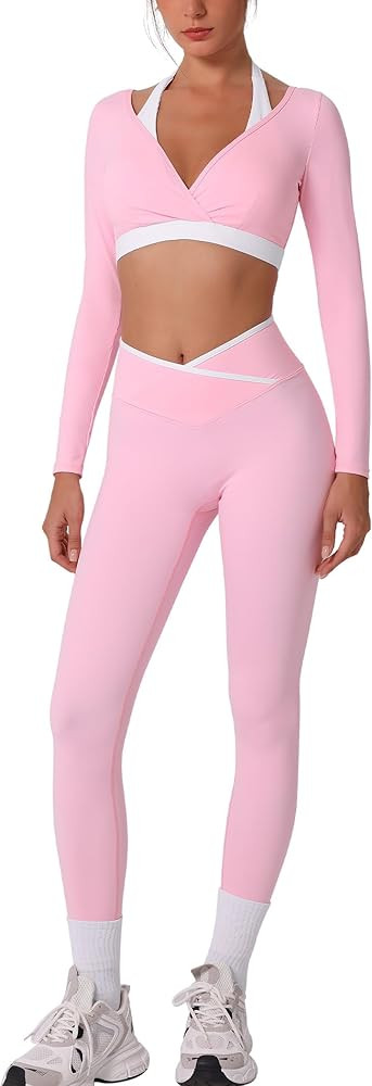 ABOCIW Workout Sets for Women Long Sleeve Crop Top Scrunch Butt Lifting High Waist Leggings with ... | Amazon (US)