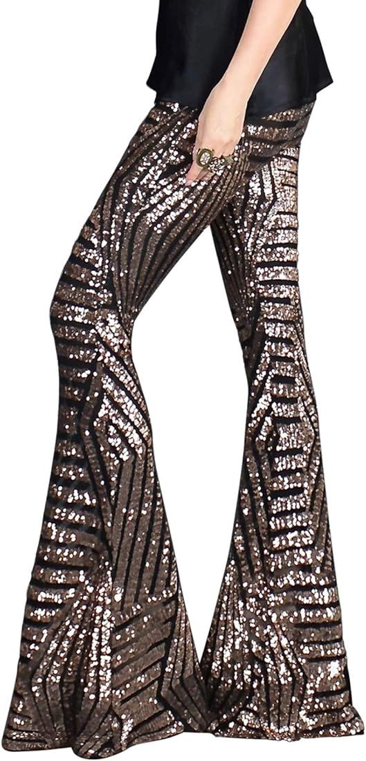 BLENCOT Bell Bottoms for Women High Waisted Wide Leg Palazzo Pants Bling Sequin Flared Trousers | Amazon (US)