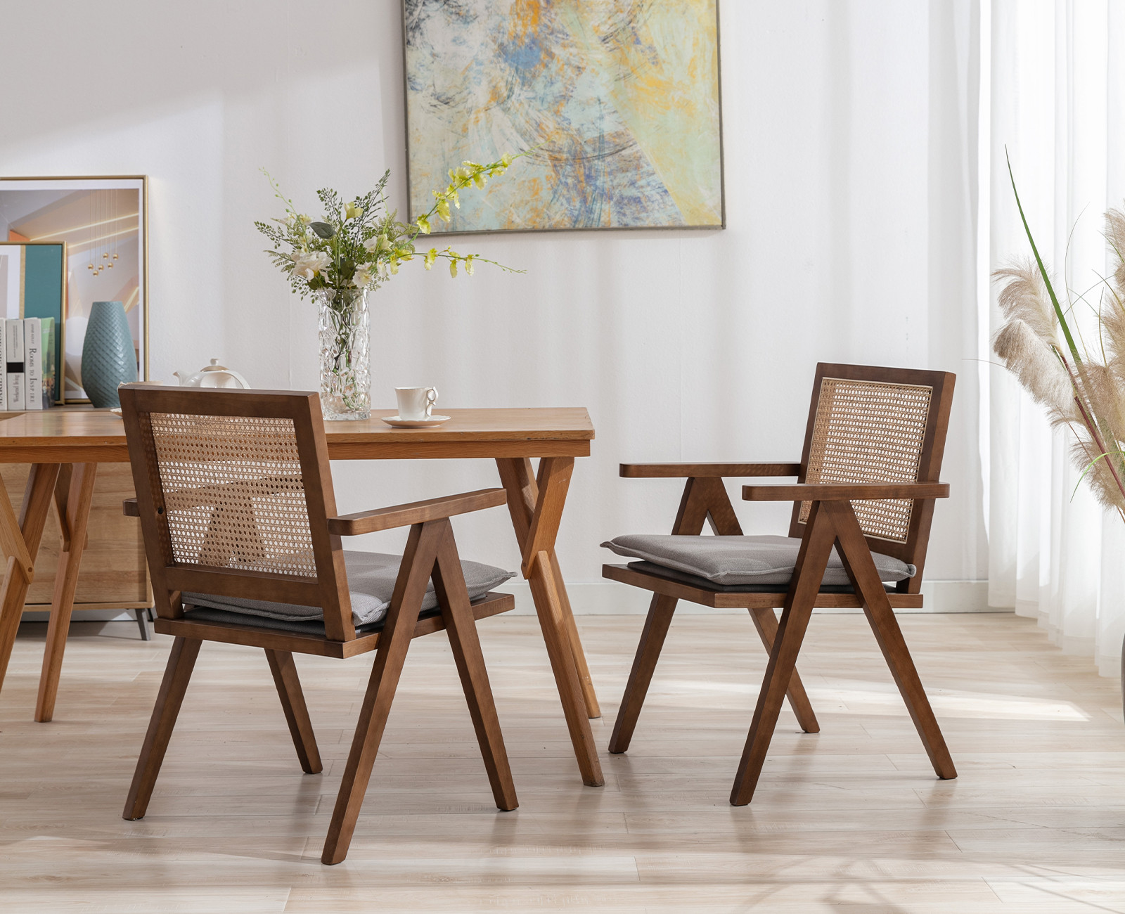 Guyou Modern Rattan Dining Chair Set of 2, Mid Century French Farmhouse Upholstered Wooden Armcha... | Walmart (US)