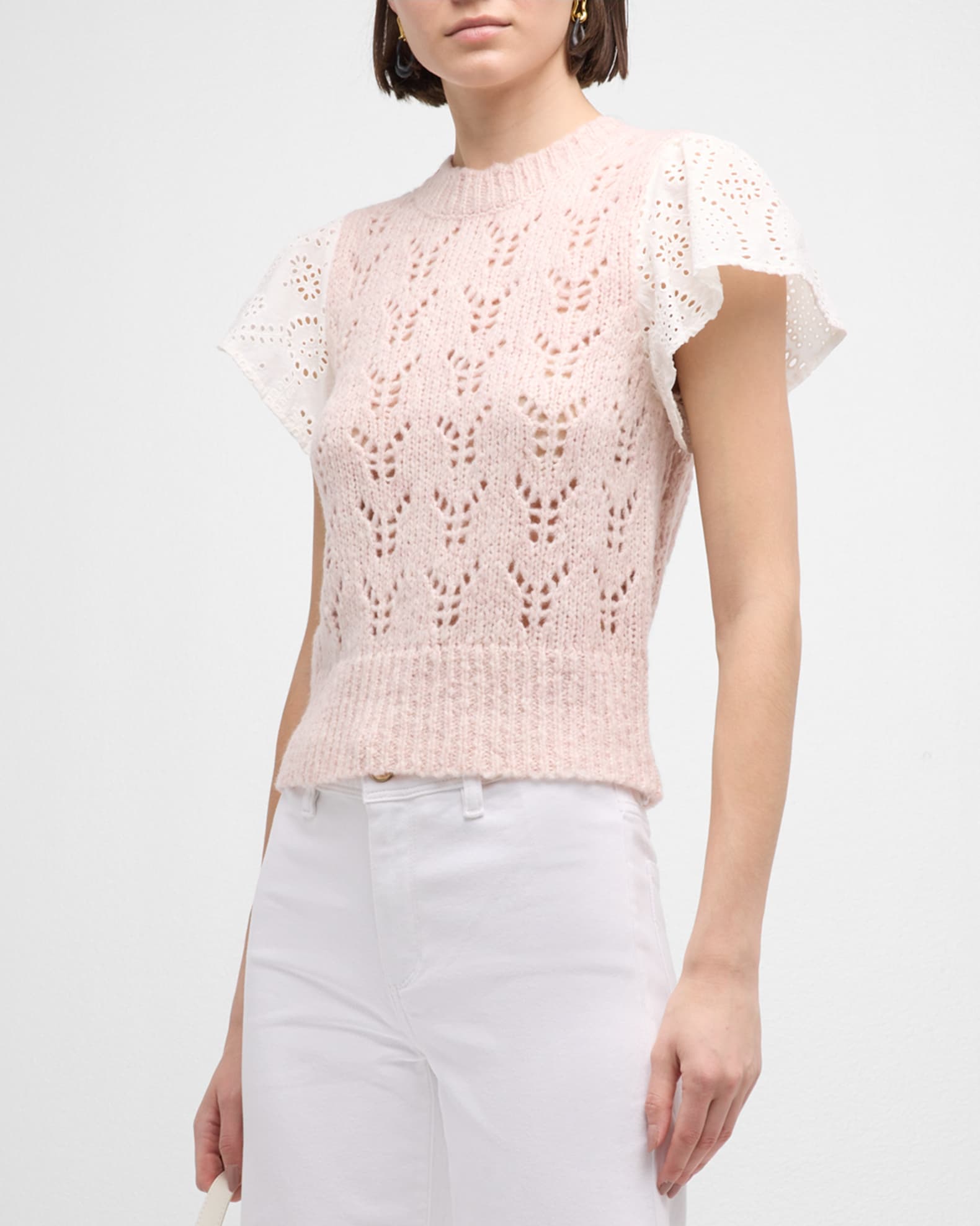 Everly Pointelle Knit Flutter-Sleeve Sweater | Neiman Marcus