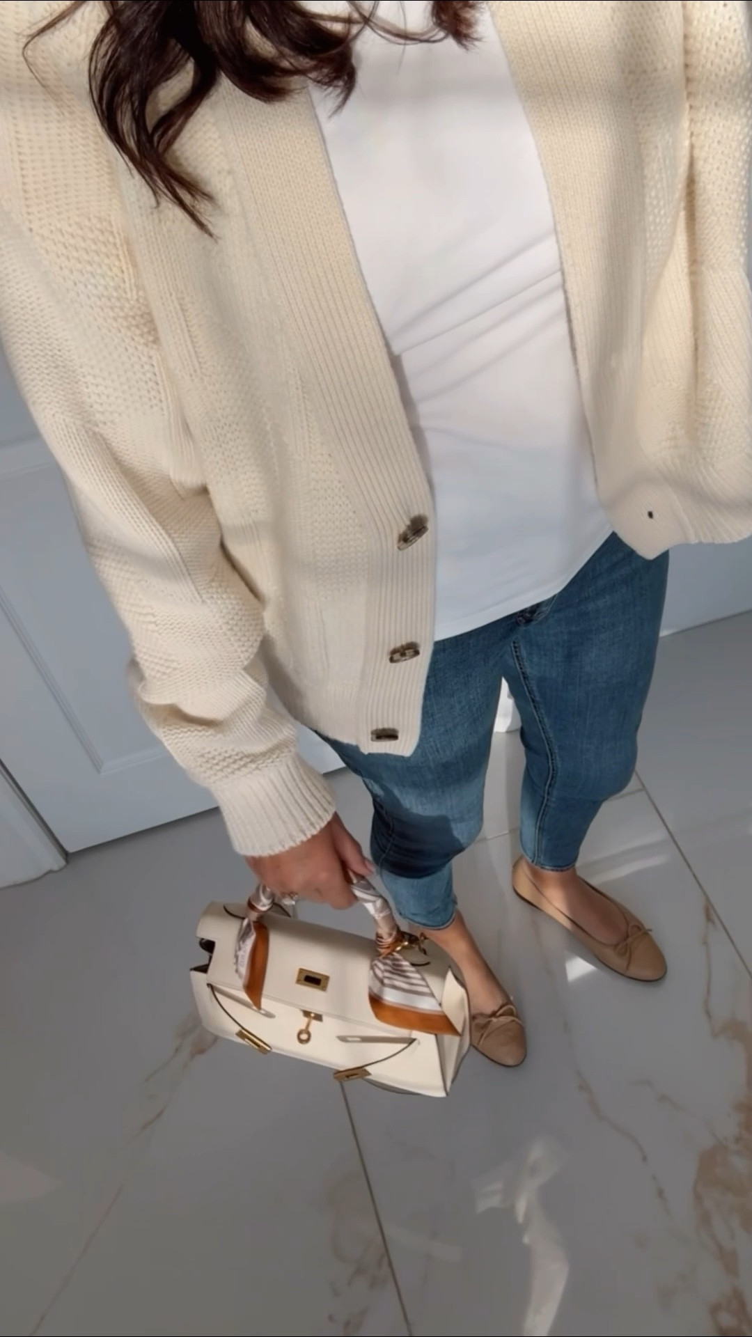 Weekend outfit. OOTD. Outfit of the day. Hermes cardigan. White fitted tee. Skinny jeans. Ballet flats. Hermes Kelly bag.

#LTKootd #LTKmomlife #LTKOver40