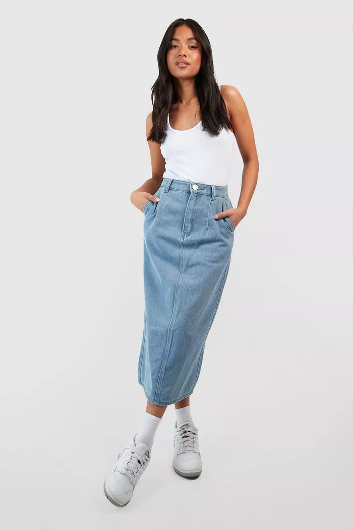 Petite Light Wash Denim Midaxi Skirt | Boohoo.com (UK & IE)